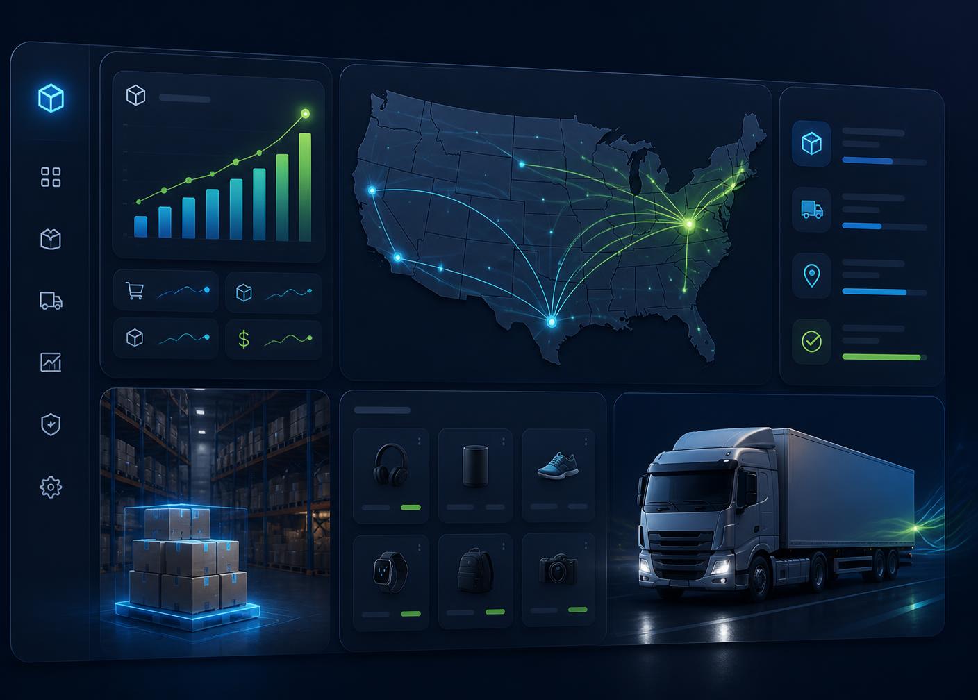 David Vargas Ferreira11111 warehouse dashboard showing US shipping routes, live order analytics, and same-day fulfillment